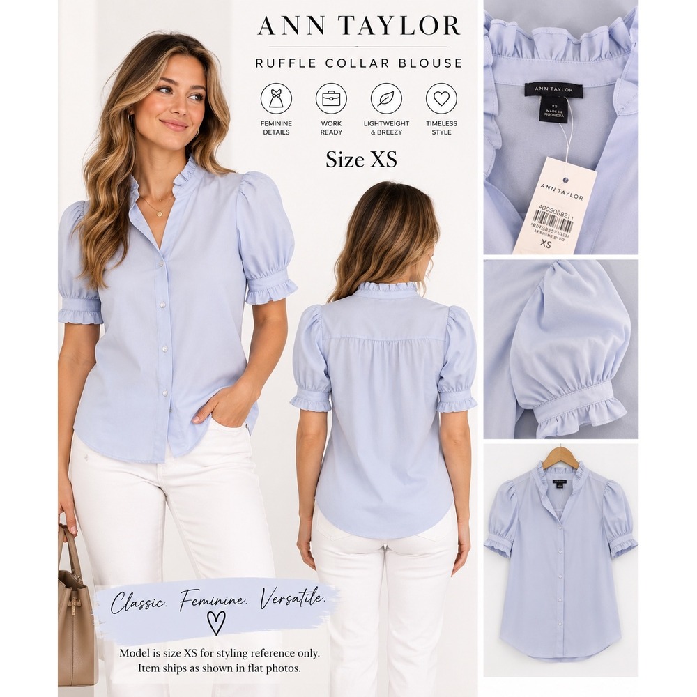 Ann Taylor NWT Ruffle Collar Puff Sleeve Blouse XS Light Blue Lavender